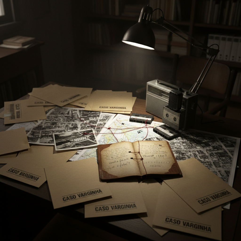 A dimly lit, cluttered investigator’s desk covered with overlapping manila folders stamped “Caso Varginha,” black-and-white aerial photographs of a small Brazilian town, a worn topographic map with red string connecting key locations, and a cracked leather-bound notebook opened to scribbled questions like “verità o fake?”. A vintage tape recorder and labeled cassette tapes sit beside a metal desk lamp that provides a single cone of harsh, directional light, leaving the rest of the room in shadow. Shot from a slightly elevated angle in photographic realism, with a shallow depth of field emphasizing the central documents, the mood is tense and analytical, suggesting a serious search for truth amid conflicting evidence.