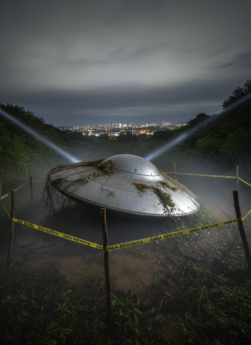 A metallic, saucer-shaped object rests half-submerged in a muddy, overgrown ravine at the edge of Varginha, its brushed steel surface streaked with dirt and foliage. Emergency barricade tape reading “Área Restrita” flutters between crooked wooden posts around the perimeter. Distant city lights glow faintly on the horizon under a heavy, clouded night sky, while handheld flashlights from off-frame rake across the object, creating sharp highlights and deep, mysterious shadows. Captured in photographic realism from a low, three-quarter angle, the composition emphasizes scale and secrecy, with mist rising from the damp ground to create an unsettling, ambiguous atmosphere that leaves viewers questioning whether this is evidence or elaborate fabrication.