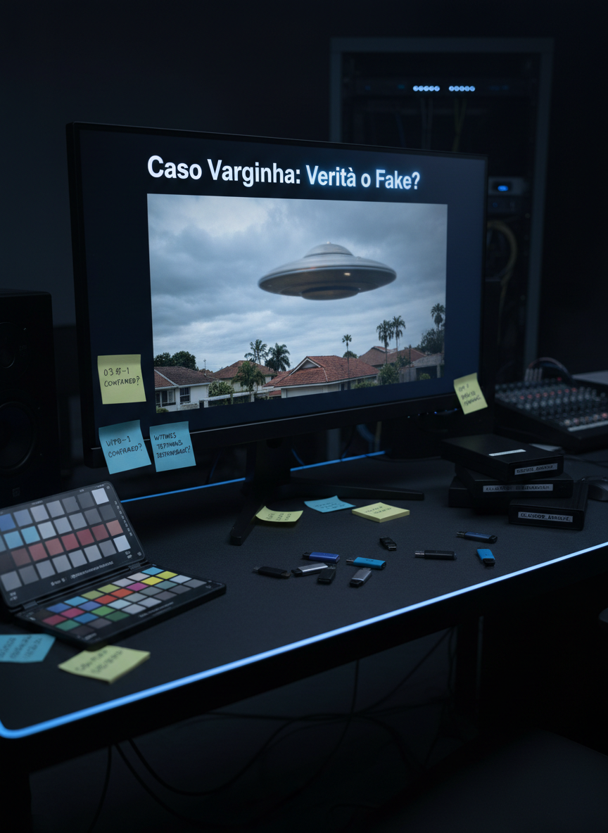 A modern flat-screen monitor in a dark editing suite displays a paused news broadcast titled “Caso Varginha: Verità o Fake?”, with a still frame of a blurred object in the sky above a suburban neighborhood. Surrounding the monitor are scattered USB drives, labeled external hard drives, a color calibration chart, and sticky notes with cryptic timestamps and question marks. The room is illuminated only by the cool blue glow of the screen and a subtle LED strip along the desk edge, casting soft reflections on a matte black surface. Shot in photographic realism from a three-quarter angle, with the monitor in sharp focus and background equipment softened, the mood is analytical and skeptical, emphasizing media scrutiny and forensic examination of the case.