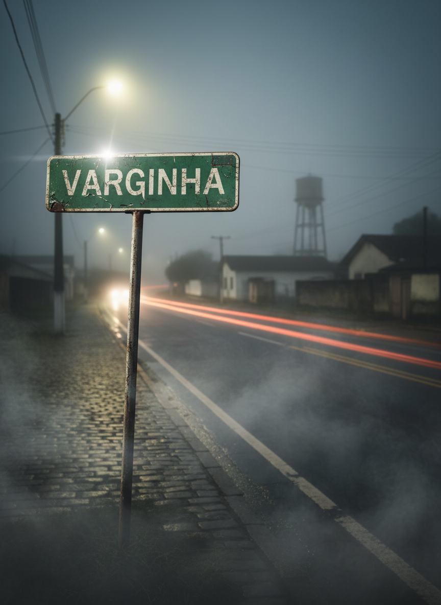 A weathered Brazilian street sign reading “Varginha” stands at the edge of a quiet, rain-darkened road at night, its green paint chipped and reflective letters catching the glare of distant headlights. Low fog curls along the asphalt and around uneven cobblestones, partially obscuring small houses and a water tower in the background. A single sodium-vapor streetlamp casts harsh, yellowish light, creating long, dramatic shadows and a moody, investigative atmosphere. Captured in photographic realism at eye level with a slightly wide angle, the composition uses rule of thirds, with the sign in sharp focus and the misty town receding into a soft, eerie bokeh, evoking mystery and uncertainty about what really happened here.